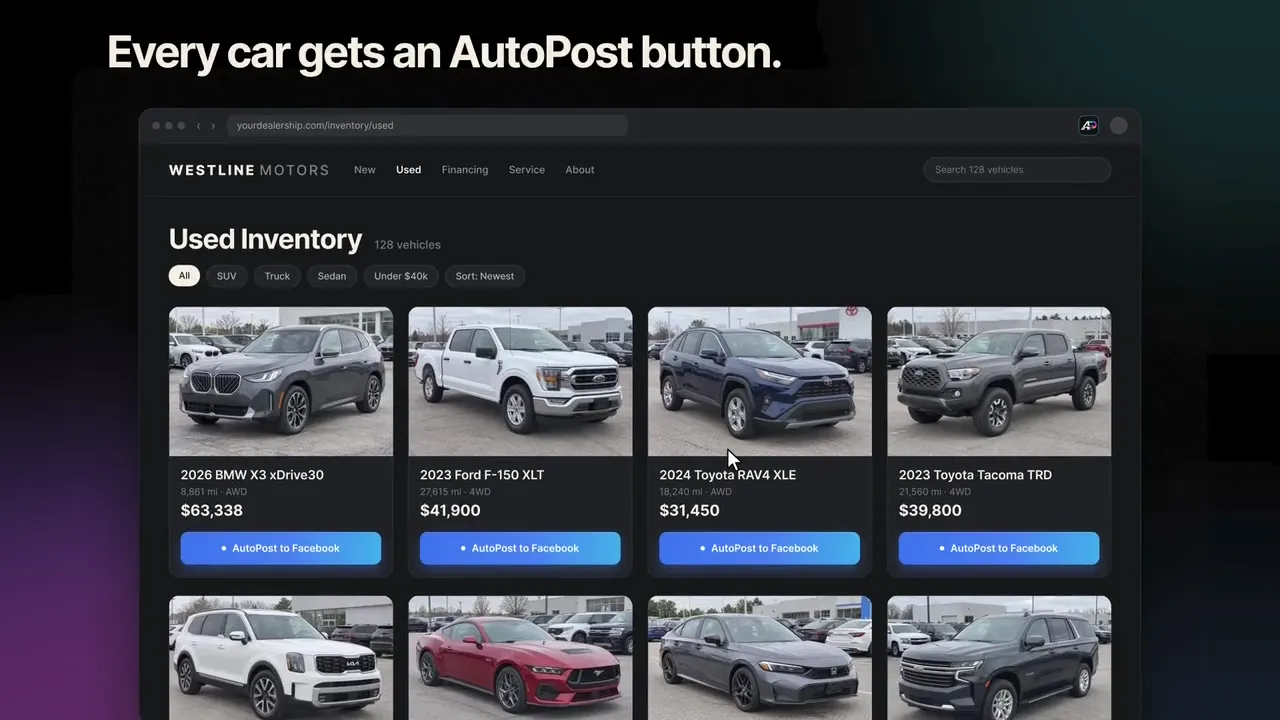 Dealership used inventory page with a blue AutoPost to Facebook button under every vehicle