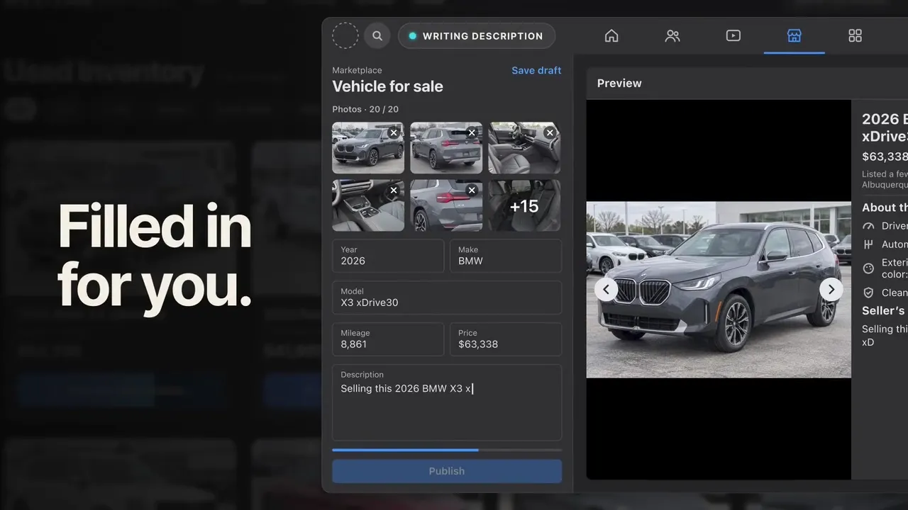 Facebook Marketplace Vehicle for sale form filled in by AutoPost with 20 photos, year, make, model, mileage, price and description