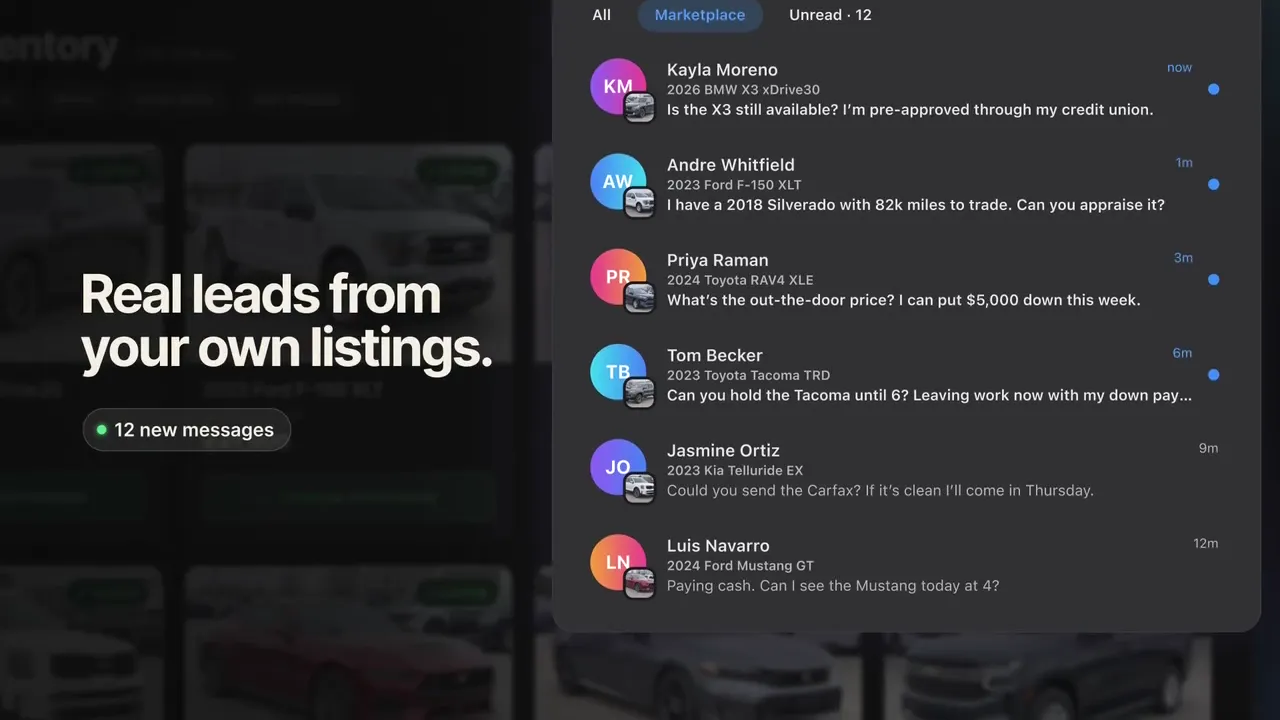 Facebook Messenger inbox with Marketplace buyers asking about listed vehicles