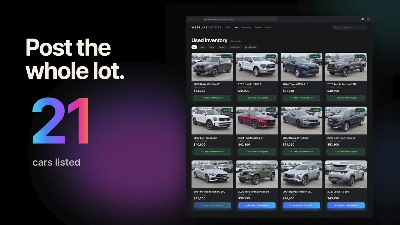 Dealership inventory page with several vehicles marked as listed on Facebook Marketplace